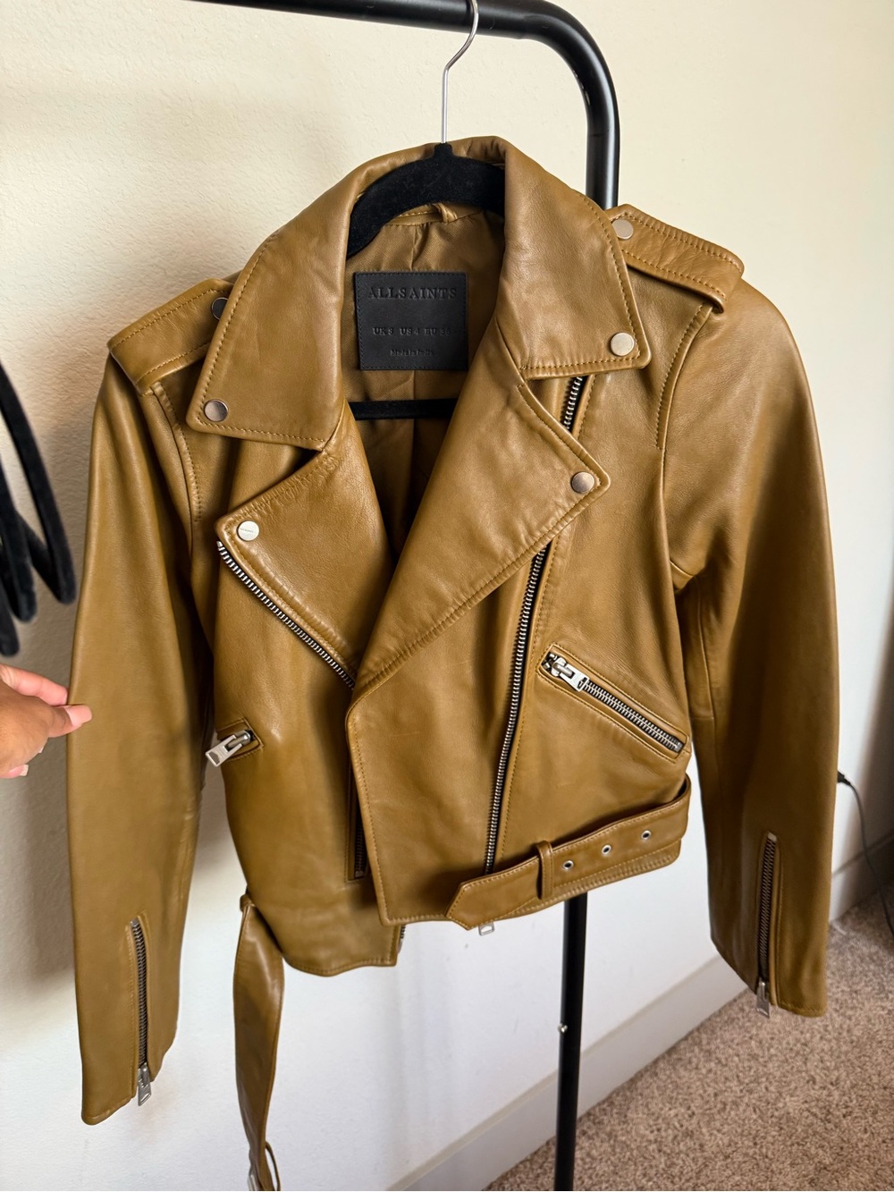 All Saints Olive Green Leather Biker Jacket with Silver Hardware